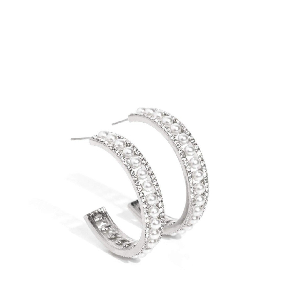 Paparazzi Silver and White Crystal Hoop Earrings Pearl Happy Fashion Jewelry